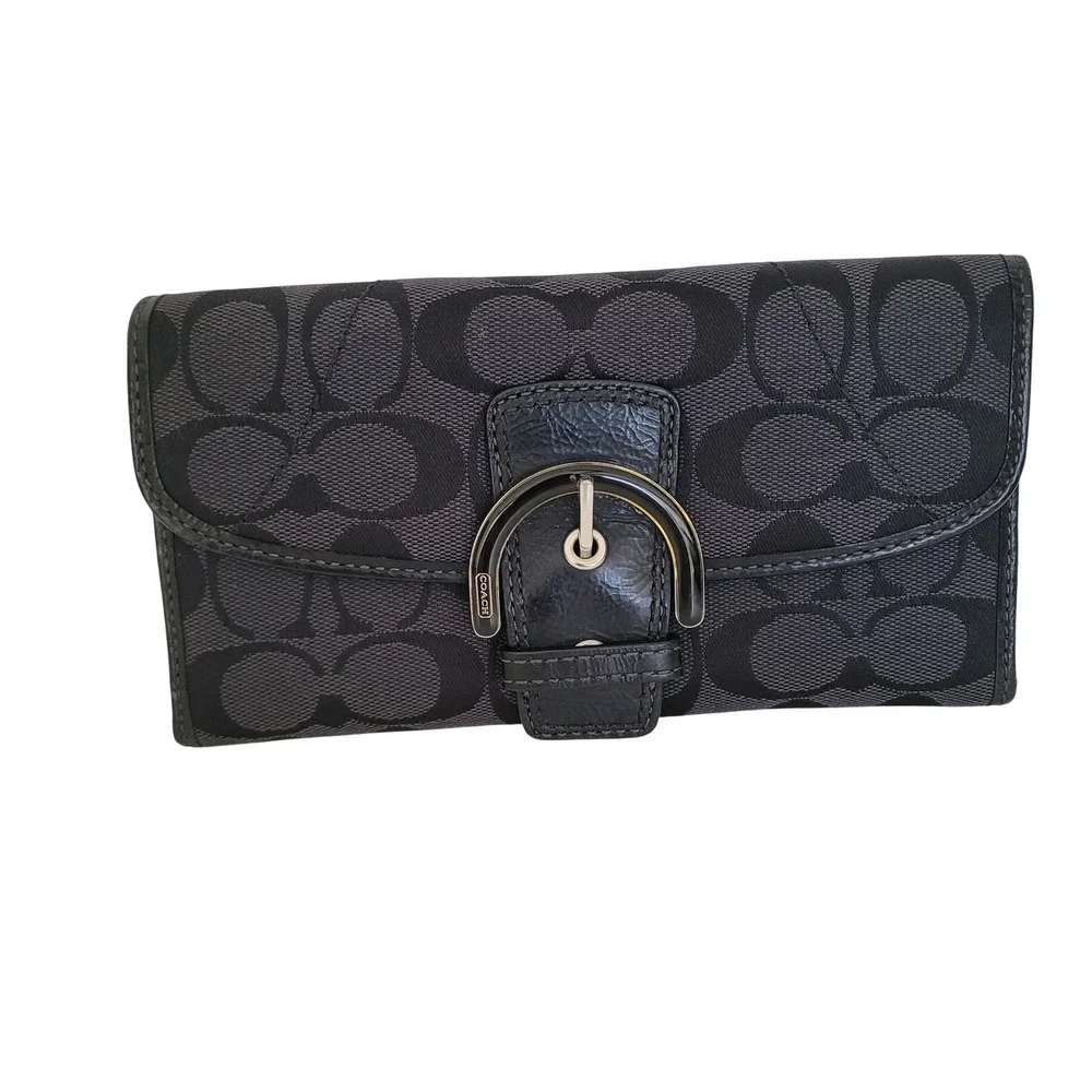 Coach Signature C Buckle Slim Envelope Wallet Black Gray Jacquard